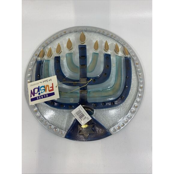 Lori Siebert For Silvestri Fused Glass Menorah Hanukkah Plate New In Box - Picture 8 of 11